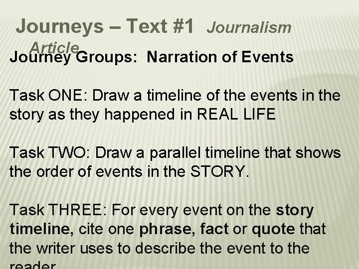 Journeys – Text #1 Journalism Article Journey Groups: Narration of Events Task ONE: Draw