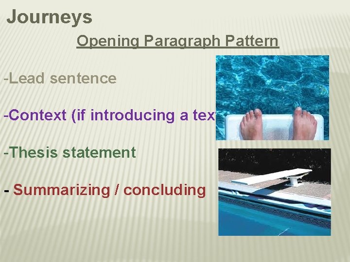 Journeys Opening Paragraph Pattern -Lead sentence -Context (if introducing a text) -Thesis statement -