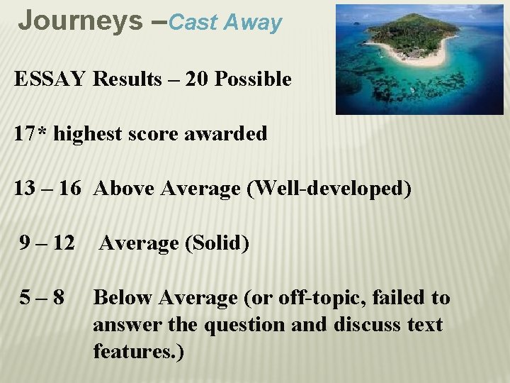 Journeys –Cast Away ESSAY Results – 20 Possible 17* highest score awarded 13 –