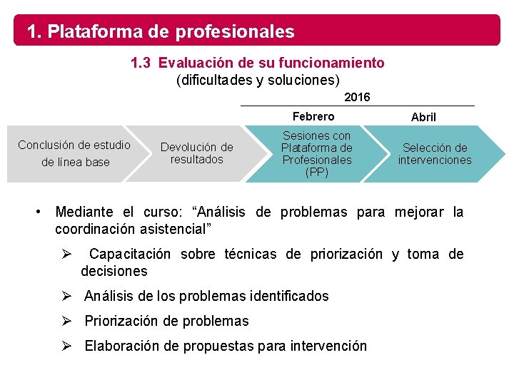 1. Plataforma de profesionales 1. 3 Evaluación de su funcionamiento (dificultades y soluciones) 2016