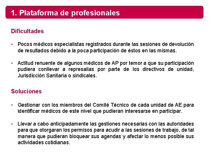 1. Plataforma de profesionales Dificultades • Pocos médicos especialistas registrados durante las sesiones de