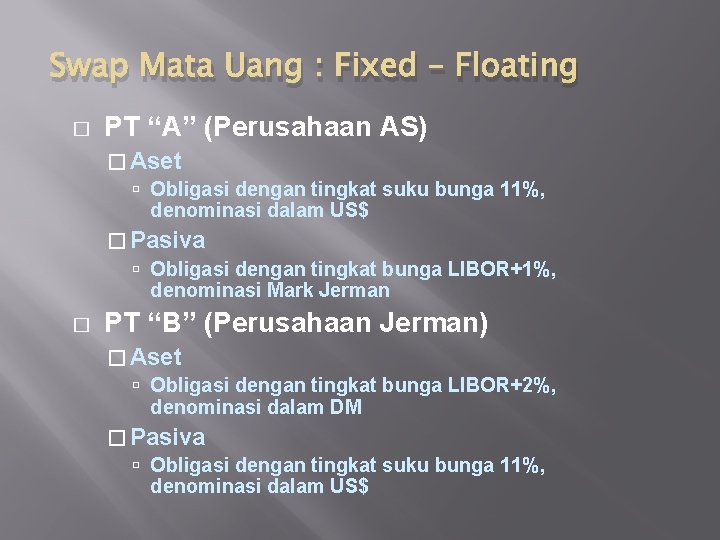 Swap Mata Uang : Fixed – Floating � PT “A” (Perusahaan AS) � Aset