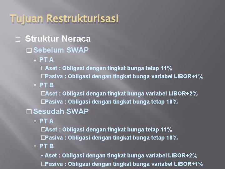 Tujuan Restrukturisasi � Struktur Neraca � Sebelum SWAP PT A �Aset : Obligasi dengan