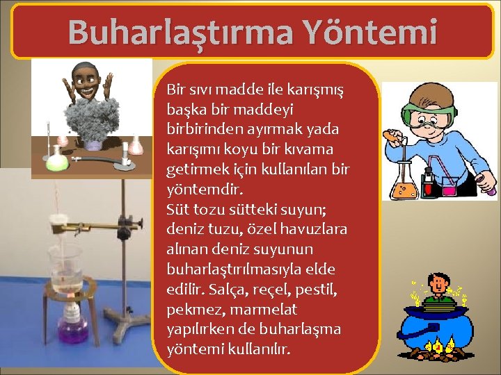 Buharlaştırma Yöntemi Bir sıvı madde ile karışmış başka bir maddeyi birbirinden ayırmak yada karışımı