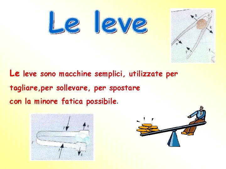 Le leve sono macchine semplici, utilizzate per tagliare, per sollevare, per spostare con la