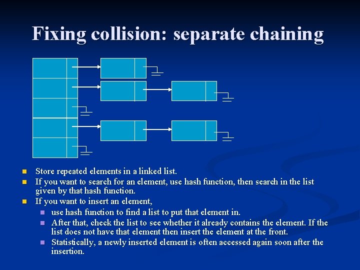 Fixing collision: separate chaining n n n Store repeated elements in a linked list.