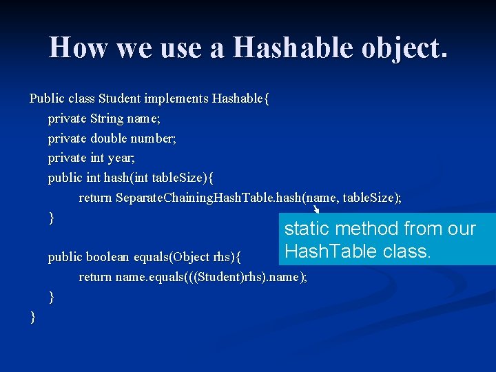 How we use a Hashable object. Public class Student implements Hashable{ private String name;