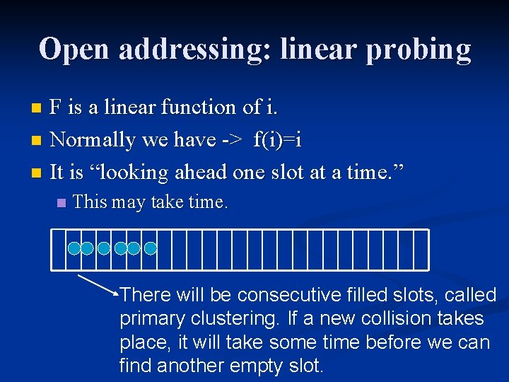 Open addressing: linear probing F is a linear function of i. n Normally we