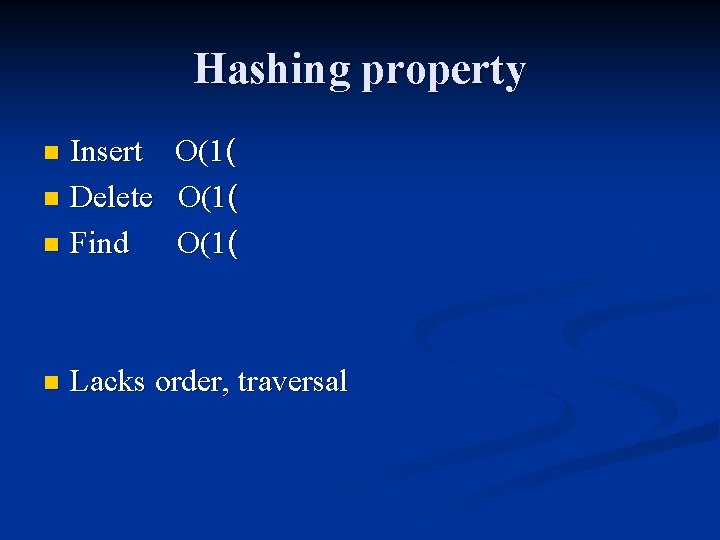 Hashing property Insert O(1( n Delete O(1( n Find O(1( n n Lacks order,