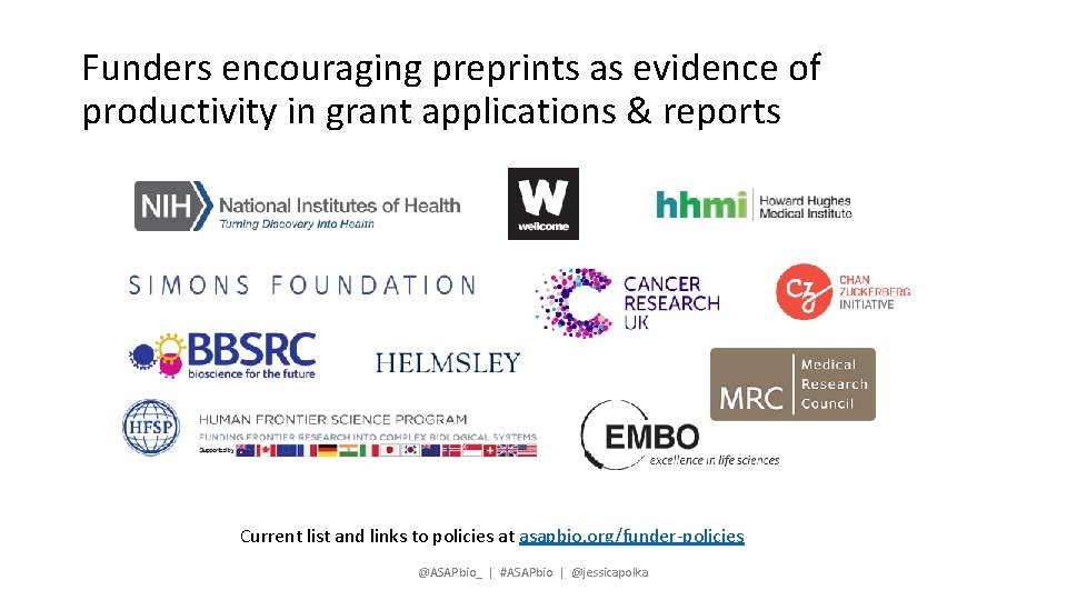 Funders encouraging preprints as evidence of productivity in grant applications & reports Current list