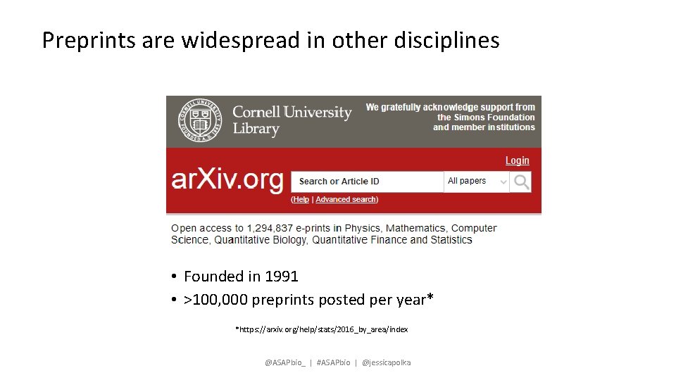 Preprints are widespread in other disciplines • Founded in 1991 • >100, 000 preprints