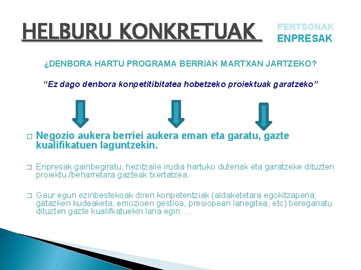 HELBURU KONKRETUAK PERTSONAK ENPRESAK ¿DENBORA HARTU PROGRAMA BERRIAK MARTXAN JARTZEKO? “Ez dago denbora konpetitibitatea