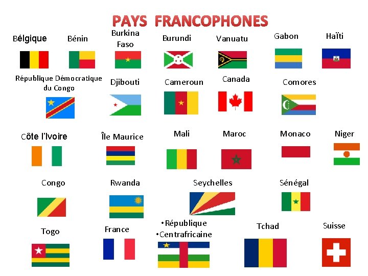 PAYS FRANCOPHONES Bélgique Bénin Burkina Faso République Démocratique Djibouti du Congo Côte l’Ivoire Congo