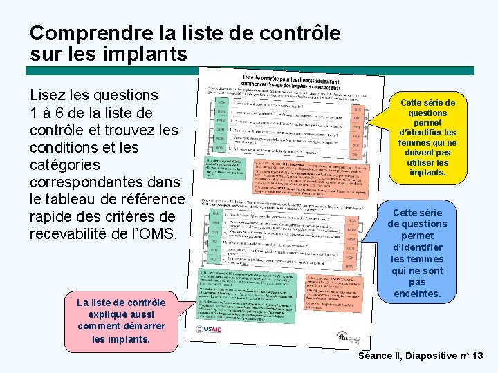 Comprendre la liste de contrôle sur les implants Lisez les questions 1 à 6