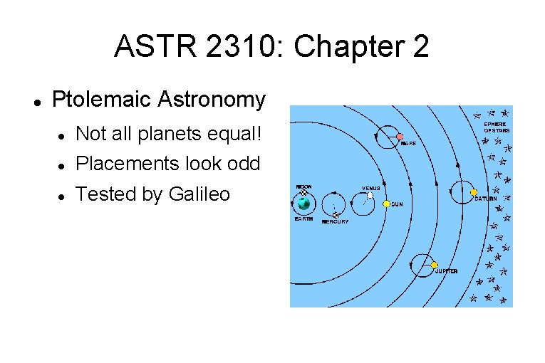 ASTR 2310: Chapter 2 Ptolemaic Astronomy Not all planets equal! Placements look odd Tested