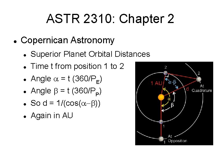 ASTR 2310: Chapter 2 Copernican Astronomy Superior Planet Orbital Distances Time t from position