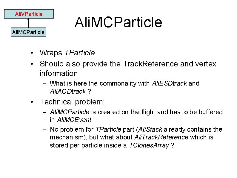 Ali. VParticle Ali. MCParticle • Wraps TParticle • Should also provide the Track. Reference