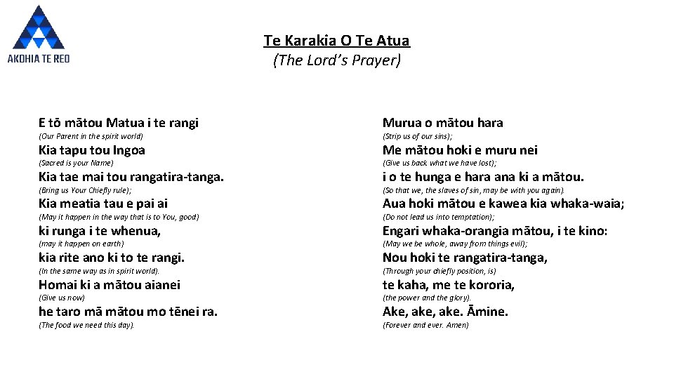 Te Karakia O Te Atua (The Lord’s Prayer) E tō mātou Matua i te