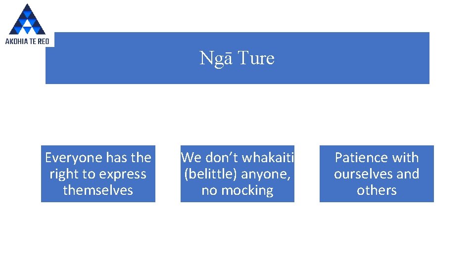 Ngā Ture Everyone has the right to express themselves We don’t whakaiti (belittle) anyone,