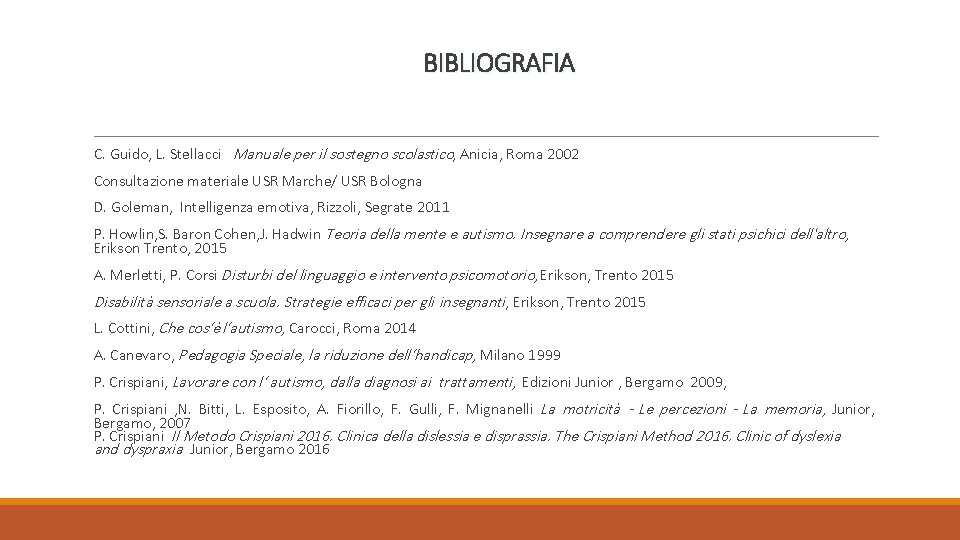 BIBLIOGRAFIA C. Guido, L. Stellacci Manuale per il sostegno scolastico, Anicia, Roma 2002 Consultazione