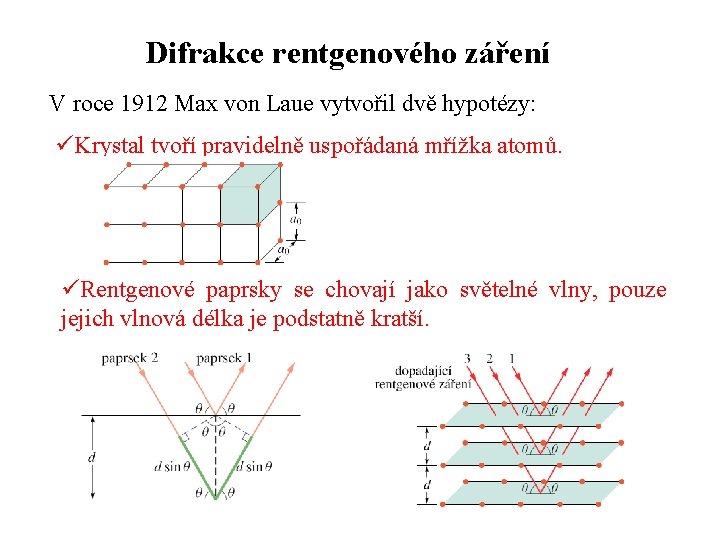 Difrakce rentgenového záření V roce 1912 Max von Laue vytvořil dvě hypotézy: üKrystal tvoří