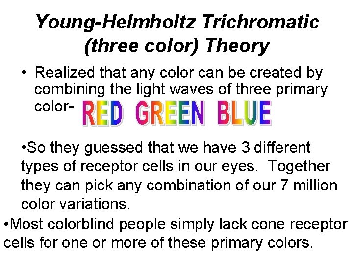 Young-Helmholtz Trichromatic (three color) Theory • Realized that any color can be created by