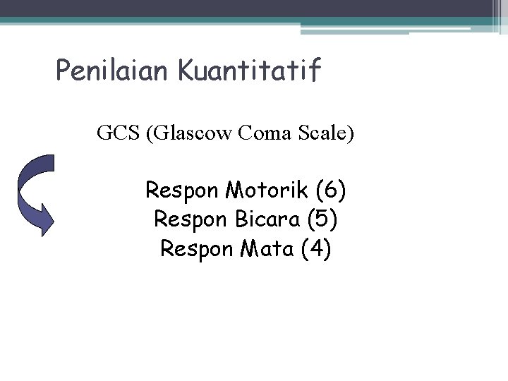 Penilaian Kuantitatif GCS (Glascow Coma Scale) Respon Motorik (6) Respon Bicara (5) Respon Mata