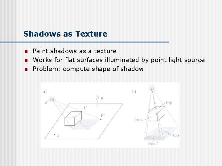 Shadows as Texture n n n Paint shadows as a texture Works for flat