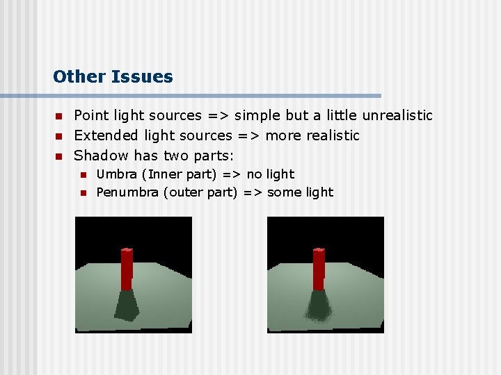 Other Issues n n n Point light sources => simple but a little unrealistic