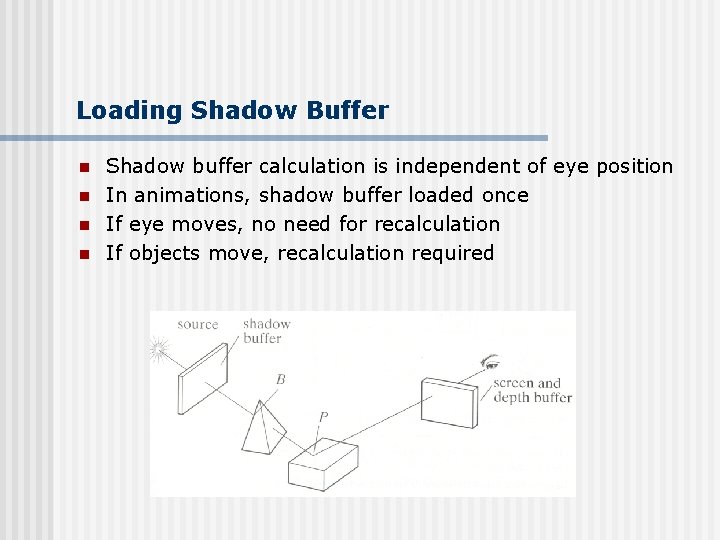 Loading Shadow Buffer n n Shadow buffer calculation is independent of eye position In