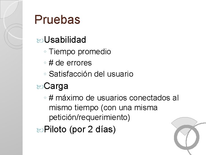 Pruebas Usabilidad ◦ Tiempo promedio ◦ # de errores ◦ Satisfacción del usuario Carga