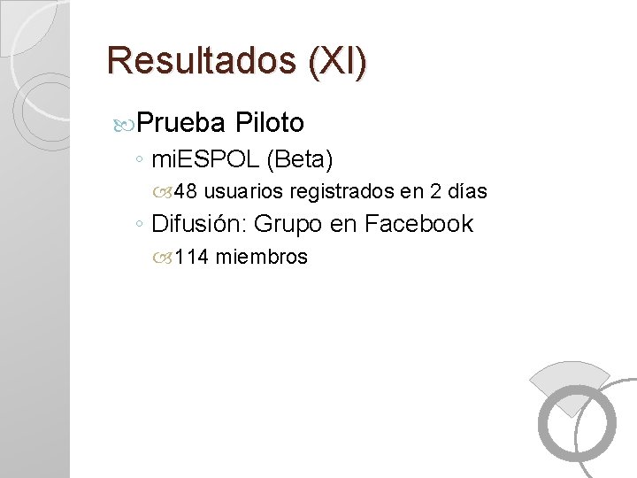 Resultados (XI) Prueba Piloto ◦ mi. ESPOL (Beta) 48 usuarios registrados en 2 días