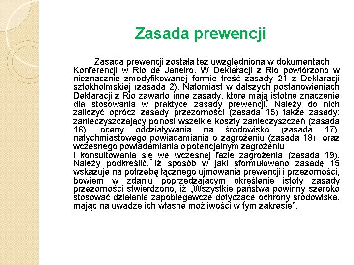 Zasada prewencji została też uwzględniona w dokumentach Konferencji w Rio de Janeiro. W Deklaracji