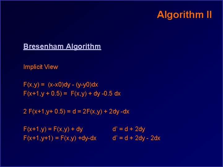 Algorithm II Bresenham Algorithm Implicit View F(x, y) = (x-x 0)dy - (y-y 0)dx