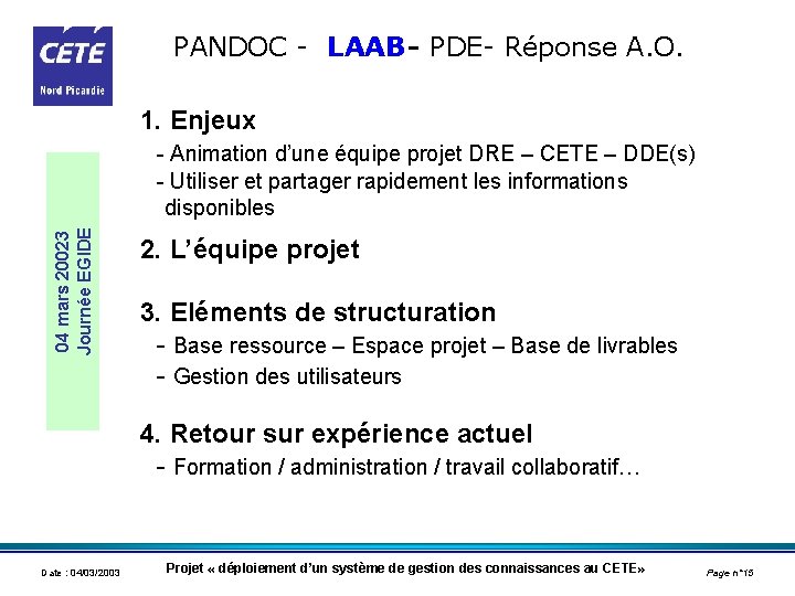 PANDOC - LAAB - PDE- Réponse A. O. 1. Enjeux 04 mars 20023 Journée