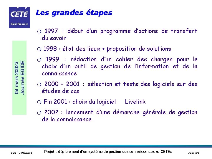 Les grandes étapes m 04 mars 20023 Journée EGIDE m m m Date :