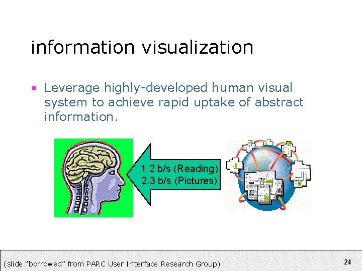 information visualization • Leverage highly-developed human visual system to achieve rapid uptake of abstract