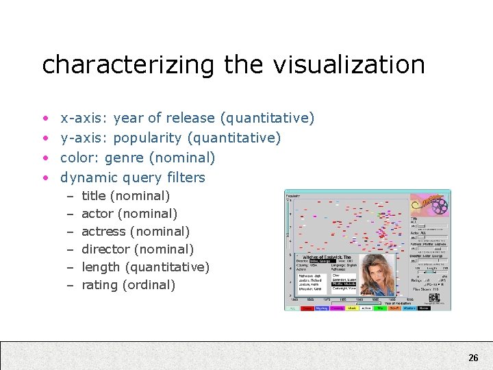 characterizing the visualization • • x-axis: year of release (quantitative) y-axis: popularity (quantitative) color: