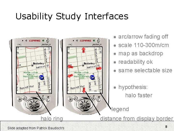 Usability Study Interfaces arc/arrow fading off scale 110 -300 m/cm map as backdrop readability