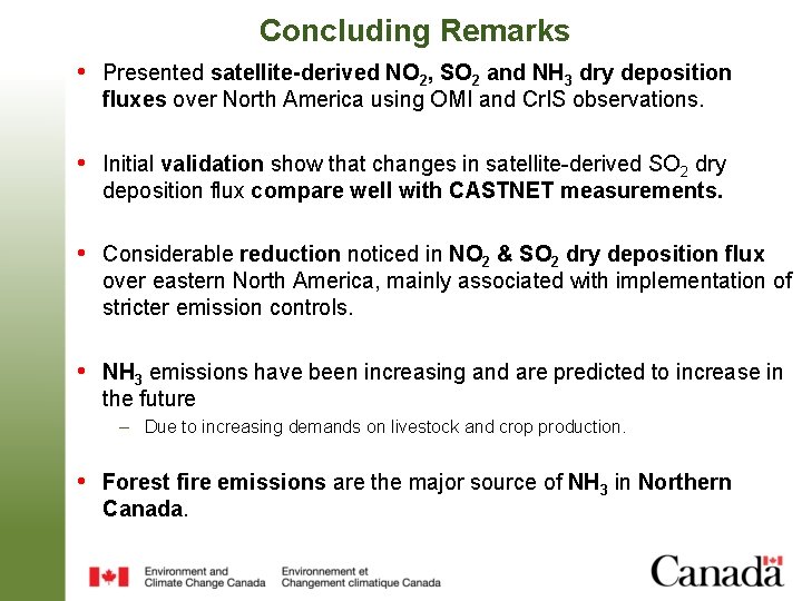 Concluding Remarks • Presented satellite-derived NO 2, SO 2 and NH 3 dry deposition