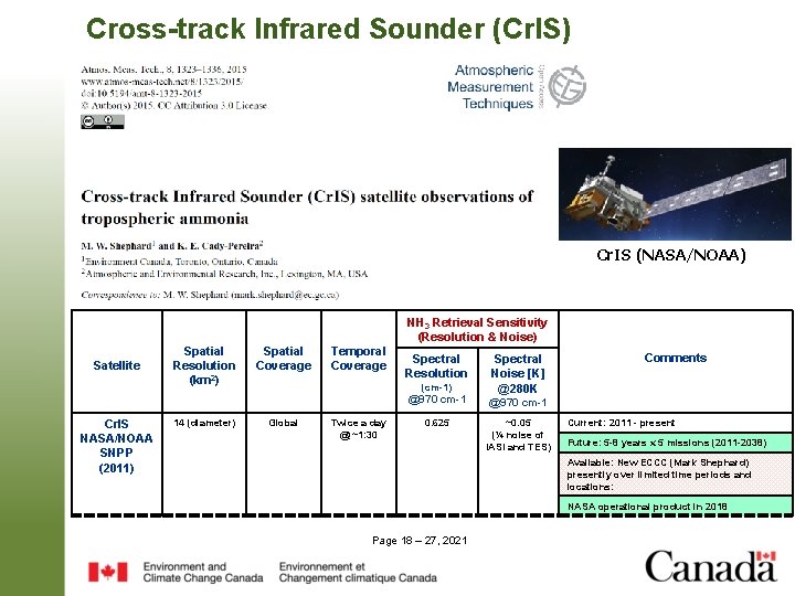 Cross-track Infrared Sounder (Cr. IS) Cr. IS (NASA/NOAA) NH 3 Retrieval Sensitivity (Resolution &