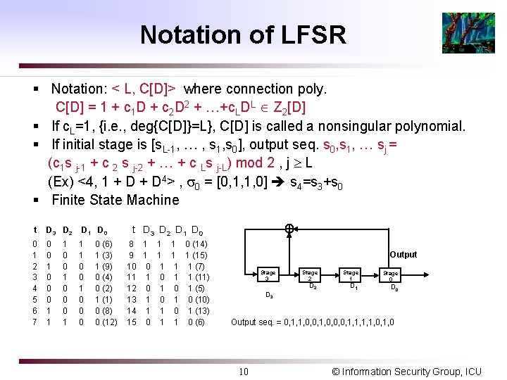 Notation of LFSR § Notation: < L, C[D]> where connection poly. C[D] = 1