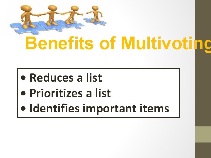 Benefits of Multivoting • Reduces a list • Prioritizes a list • Identifies important