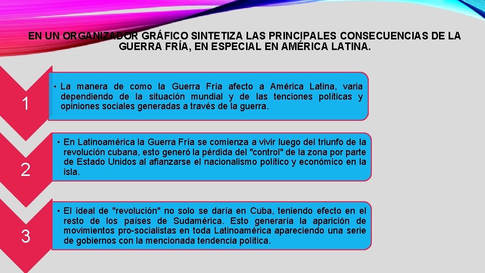 EN UN ORGANIZADOR GRÁFICO SINTETIZA LAS PRINCIPALES CONSECUENCIAS DE LA GUERRA FRÍA, EN ESPECIAL