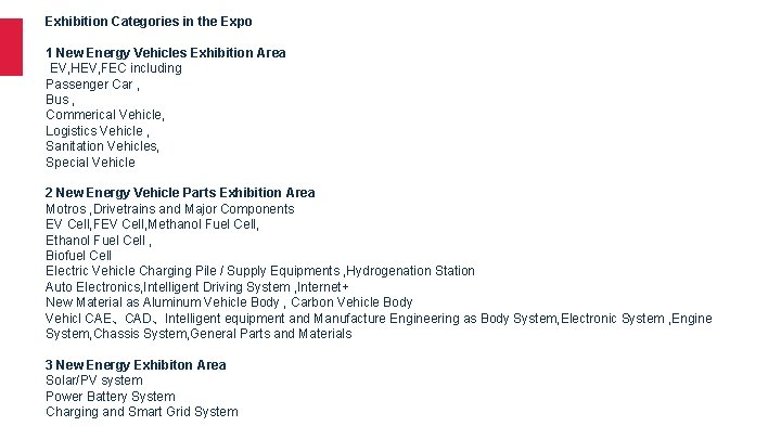 Exhibition Categories in the Expo 1 New Energy Vehicles Exhibition Area EV, HEV, FEC