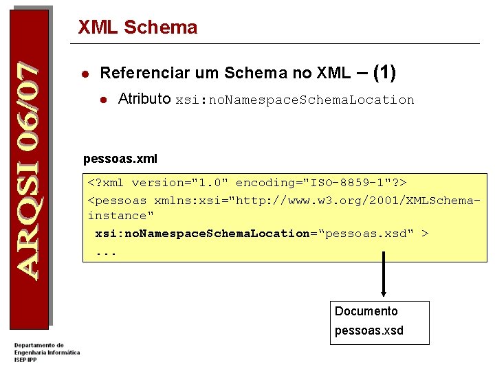 XML Schema l Referenciar um Schema no XML – (1) l Atributo xsi: no.