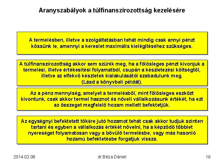 Aranyszabályok a túlfinanszírozottság kezelésére A termelésben, illetve a szolgáltatásban tehát mindig csak annyi pénzt