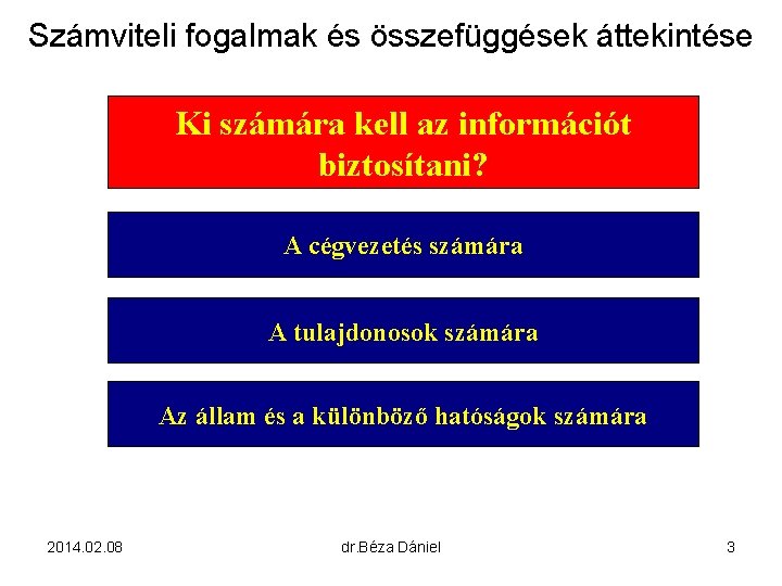 Számviteli fogalmak és összefüggések áttekintése Ki számára kell az információt biztosítani? A cégvezetés számára