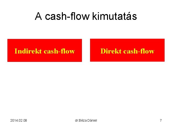 A cash-flow kimutatás Direkt cash-flow Indirekt cash-flow 2014. 02. 08 dr. Béza Dániel 7