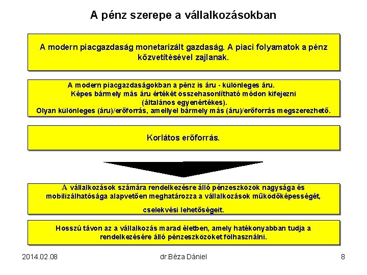 A pénz szerepe a vállalkozásokban A modern piacgazdaság monetarizált gazdaság. A piaci folyamatok a